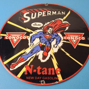 Vintage Conoco Gasoline Sign - Superman Comic Book Hero Porcelain Gas Pump Sign