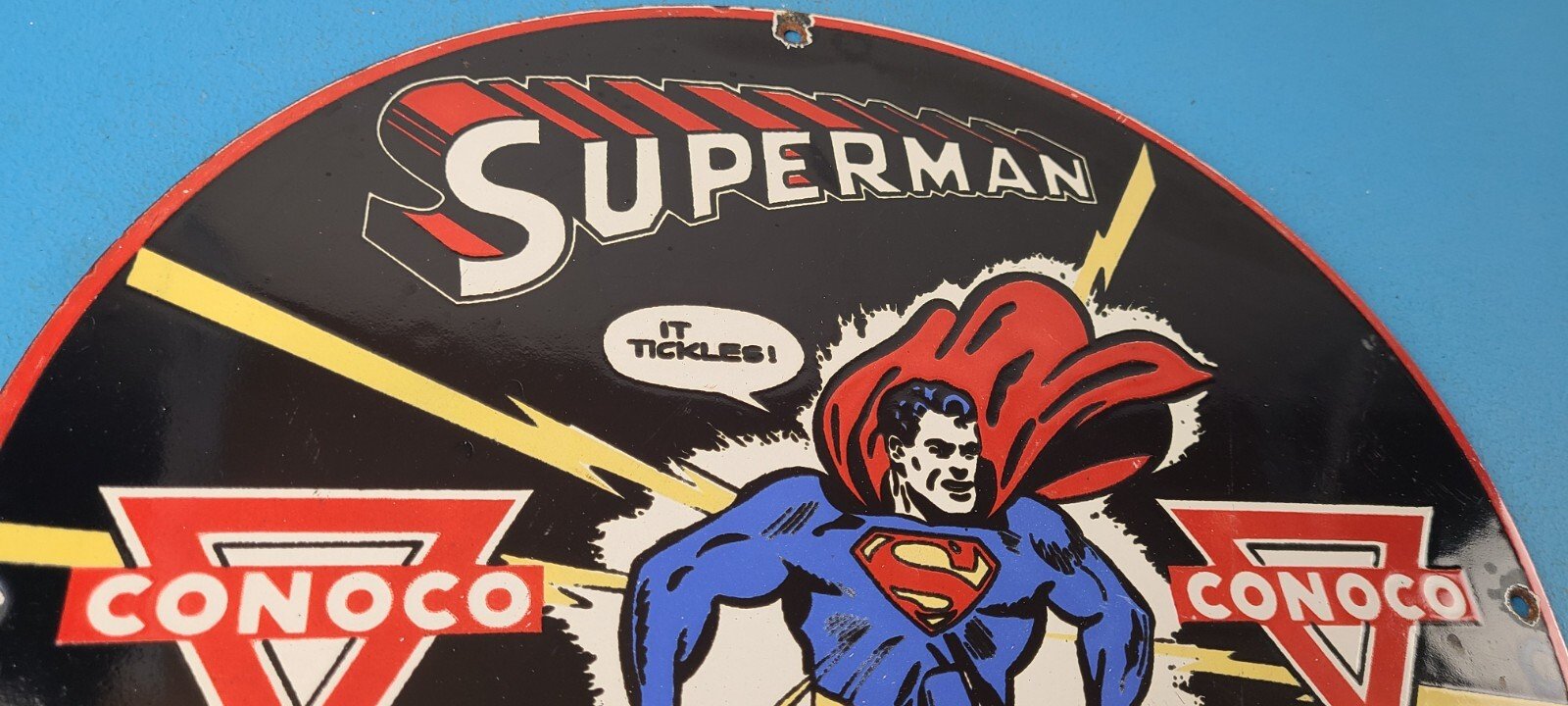 Vintage Conoco Gasoline Sign - Superman Comic Book Hero Porcelain Gas Pump Sign - Image 5