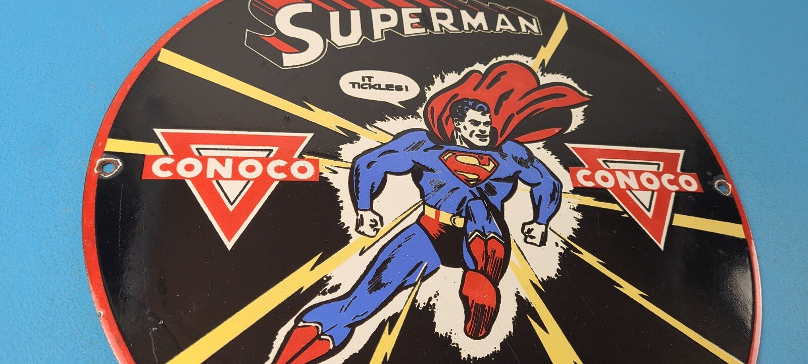 Vintage Conoco Gasoline Sign - Superman Comic Book Hero Porcelain Gas Pump Sign - Image 6