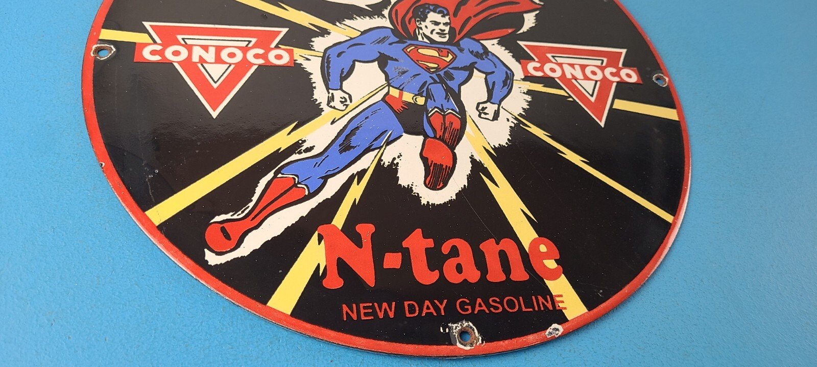 Vintage Conoco Gasoline Sign - Superman Comic Book Hero Porcelain Gas Pump Sign - Image 7