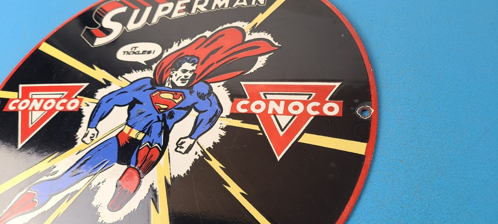 Vintage Conoco Gasoline Sign - Superman Comic Book Hero Porcelain Gas Pump Sign - Image 9