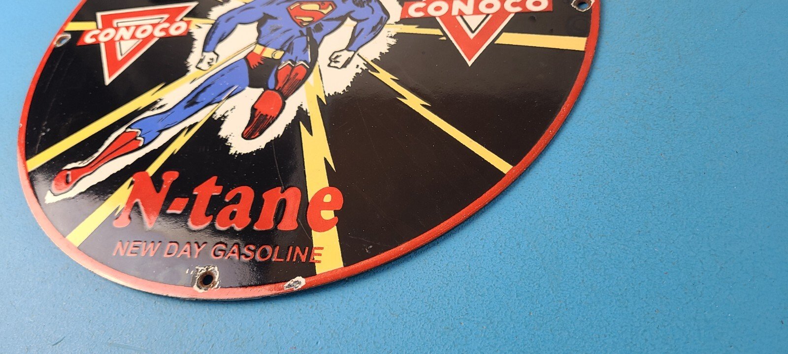 Vintage Conoco Gasoline Sign - Superman Comic Book Hero Porcelain Gas Pump Sign - Image 10