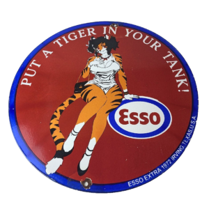 Vintage Esso Gasoline Porcelain Tiger - Gas Service Station Auto Tank Sign