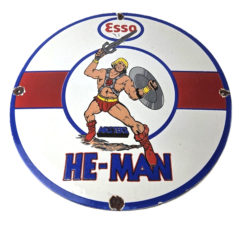 Vintage Esso Gasoline Sign - He-Man American Toys Figure Porcelain Gas Sign