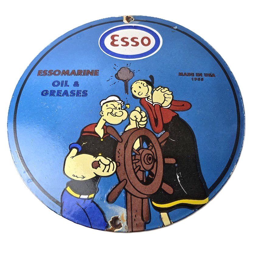 Vintage Esso Gasoline Sign - Popeye Marine Gas Service Display Ad Porcelain Sign