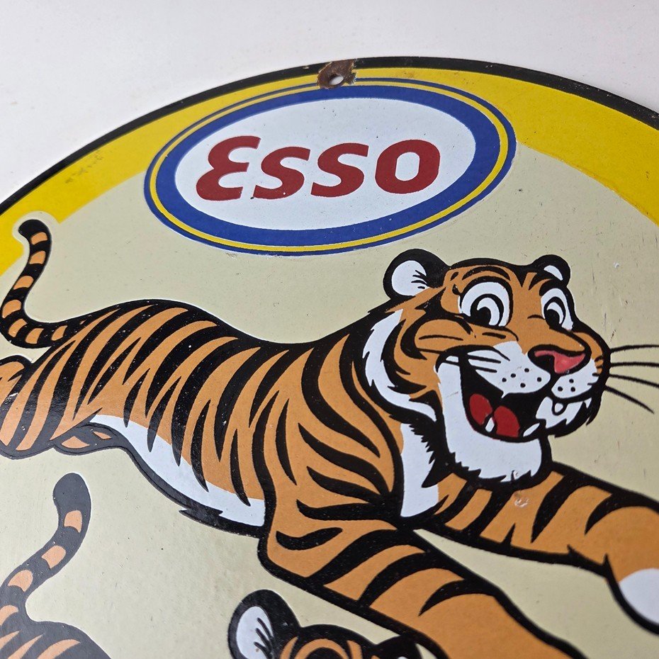 Vintage Esso Gasoline Sign - Tiger Gas Pump Service Station Tank Porcelain Sign - Image 13