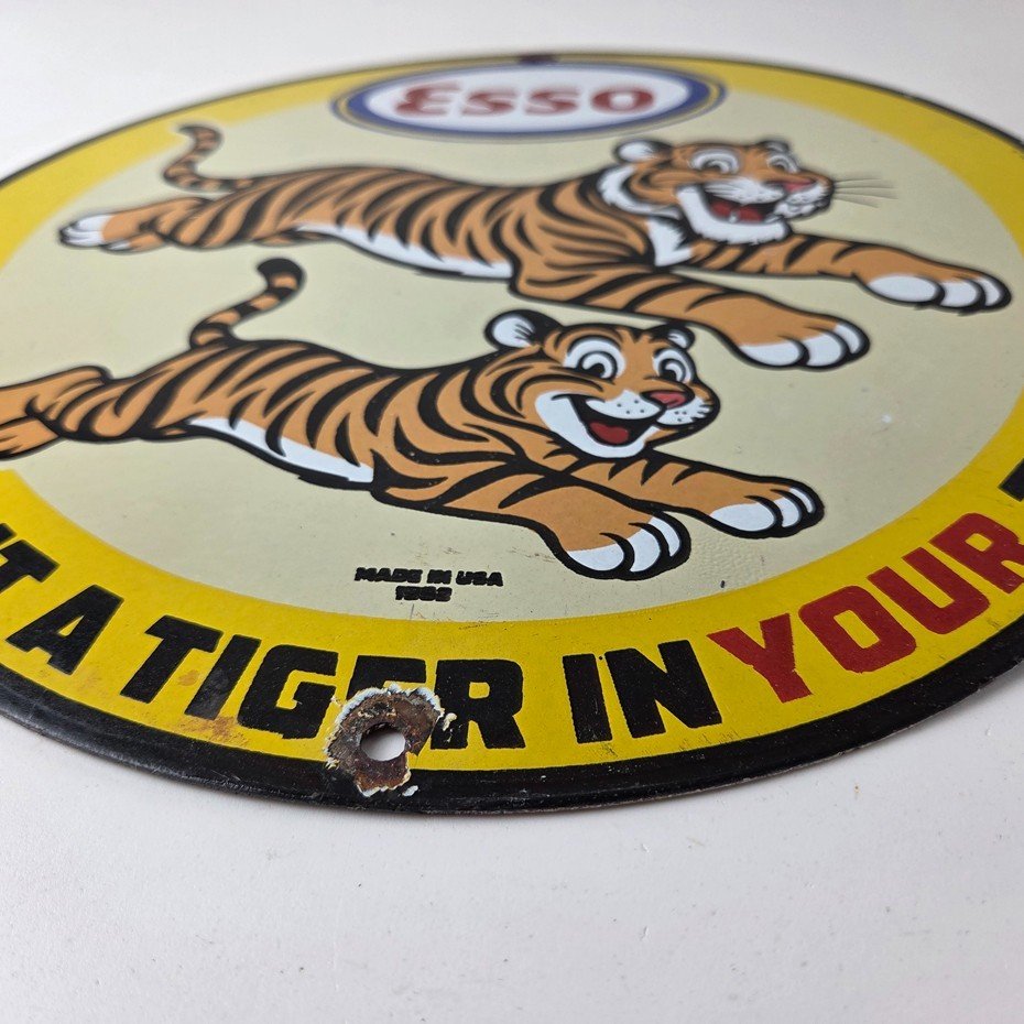 Vintage Esso Gasoline Sign - Tiger Gas Pump Service Station Tank Porcelain Sign - Image 9