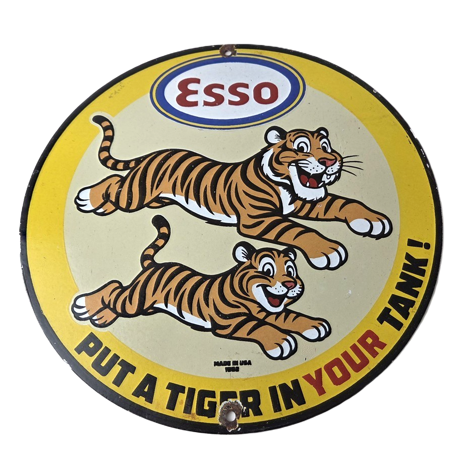 Vintage Esso Gasoline Sign - Tiger Gas Pump Service Station Tank Porcelain Sign