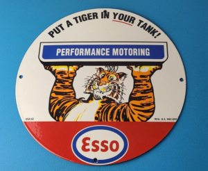 Vintage Esso Gasoline Sign Tiger Gas Service Station Auto Tank Porcelain Sign 305852318313