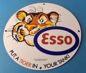 Vintage Esso Gasoline Sign Tiger Gas Service Station Auto Tank Porcelain Sign 305900259853