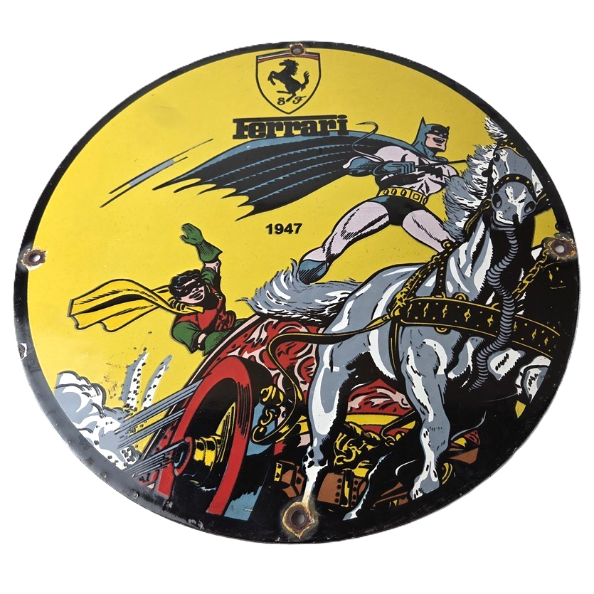 Vintage Ferrari Sign - Batman Robin DC Comics Gas Auto Porcelain Ad Sign