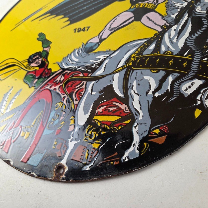 Vintage Ferrari Sign - Batman Robin DC Comics Gas Auto Porcelain Ad Sign - Image 14