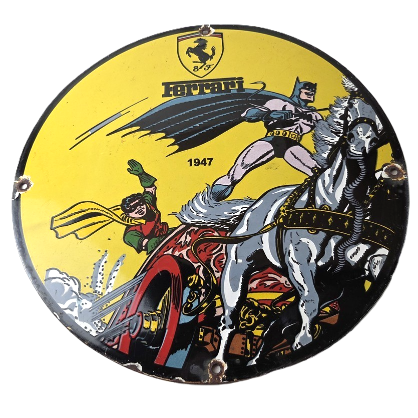 Vintage Ferrari Sign - Batman Robin DC Comics Gas Auto Porcelain Ad Sign