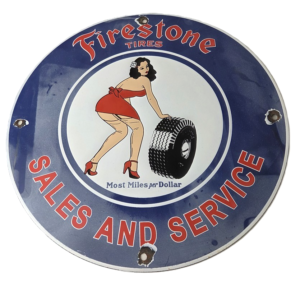 Vintage Firestone Tires Sign - Auto Tyres Sales Service Gas Pump Porcelain Sign