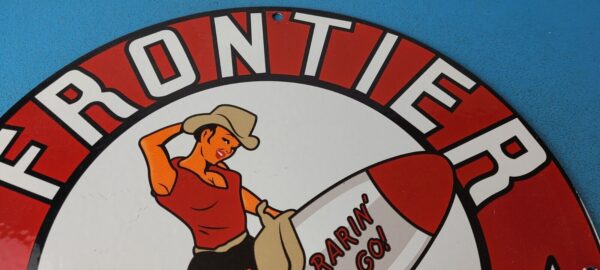 Vintage Frontier Gasoline Sign Pinup Cowgirl Sign Gas Oil Pump Porcelain Sign