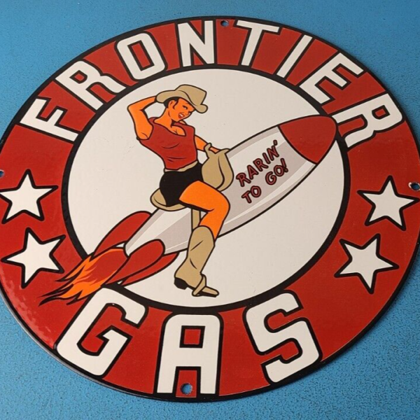 Vintage Frontier Gasoline Sign Pinup Cowgirl Sign Gas Oil Pump Porcelain Sign