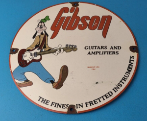 Vintage Gibson Guitars Acoustic Electric Bass Porcelain Gas Station Goofy Sign 305900744073