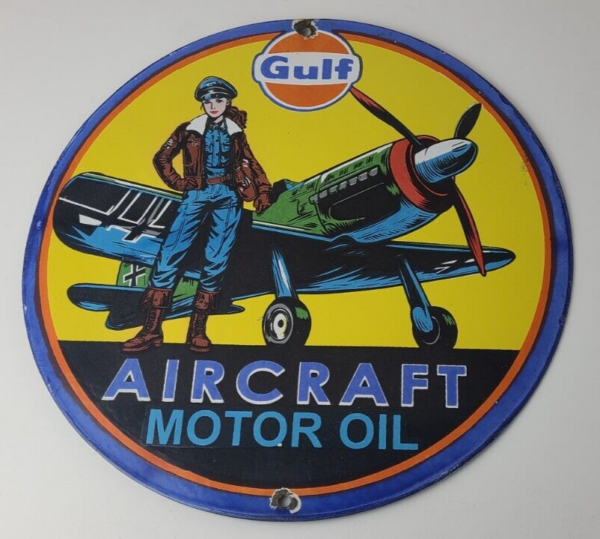 Vintage Gulf Gasoline Sign - Pilot Airplane Aircraft Porcelain Gas Pump Sign - Image 11