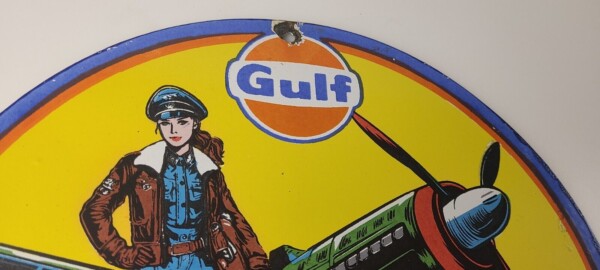 Vintage Gulf Gasoline Sign - Pilot Airplane Aircraft Porcelain Gas Pump Sign - Image 5