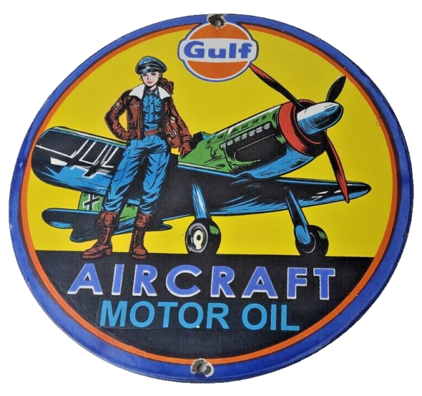 Vintage Gulf Gasoline Sign - Pilot Airplane Aircraft Porcelain Gas Pump Sign