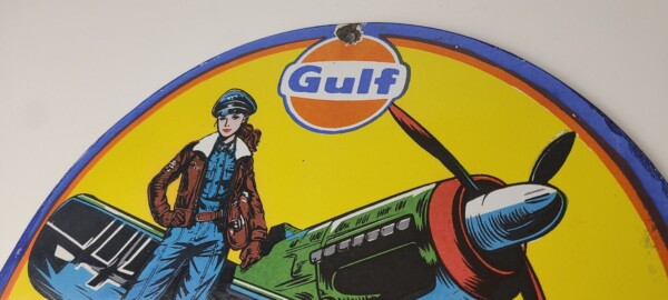 Vintage Gulf Gasoline Sign - Pilot Airplane Aircraft Porcelain Gas Pump Sign - Image 8