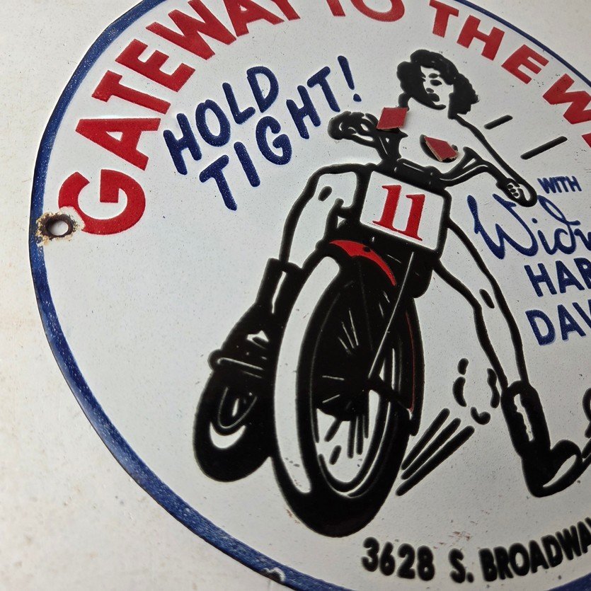 Vintage Harley Davidson Motorcycles Sign - Gateway West Gas Pump Porcelain Sign - Image 6