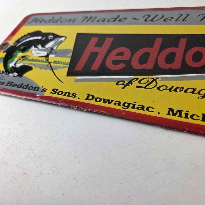 Vintage Heddon Fishing Lures Sign - Fish Tackle Lures Gas Pump Porcelain Ad Sign - Image 14