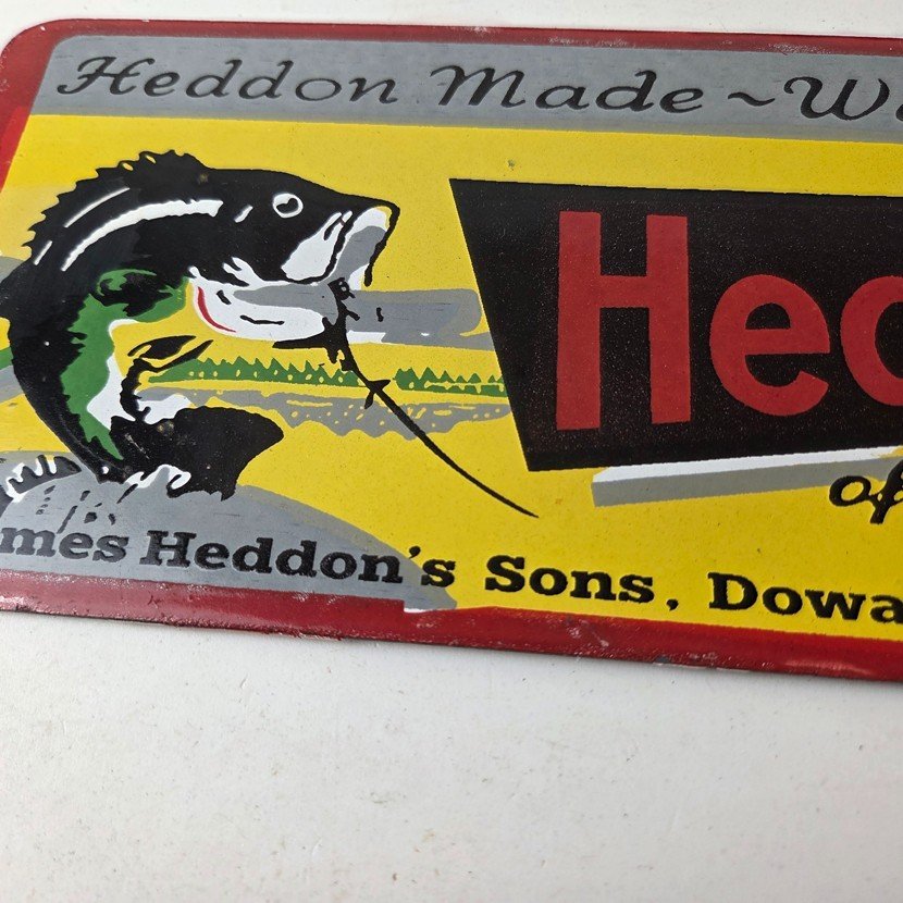 Vintage Heddon Fishing Lures Sign - Fish Tackle Lures Gas Pump Porcelain Ad Sign - Image 3