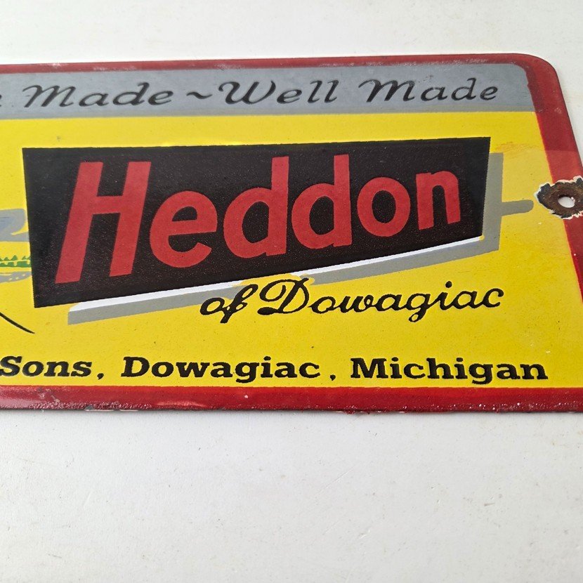 Vintage Heddon Fishing Lures Sign - Fish Tackle Lures Gas Pump Porcelain Ad Sign - Image 4