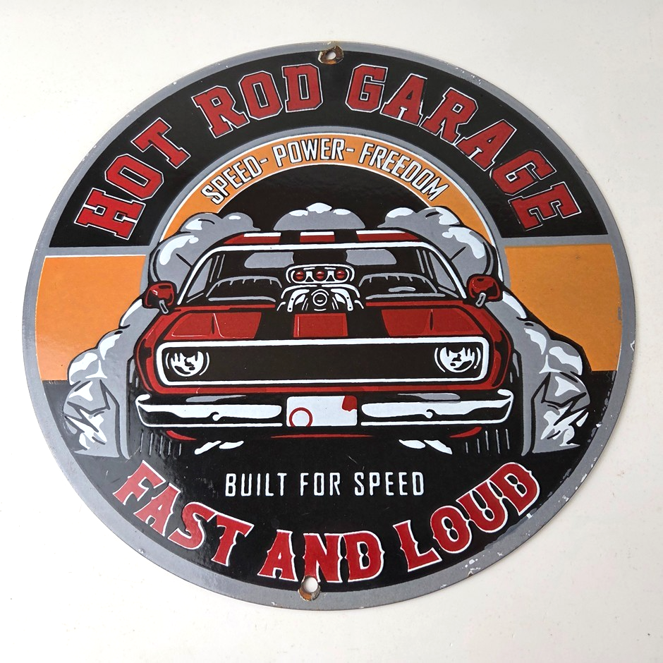 Vintage Hot Rod Shop Sign - Fast & Loud Mechanic Auto Gas Pump Porcelain Sign - Image 12