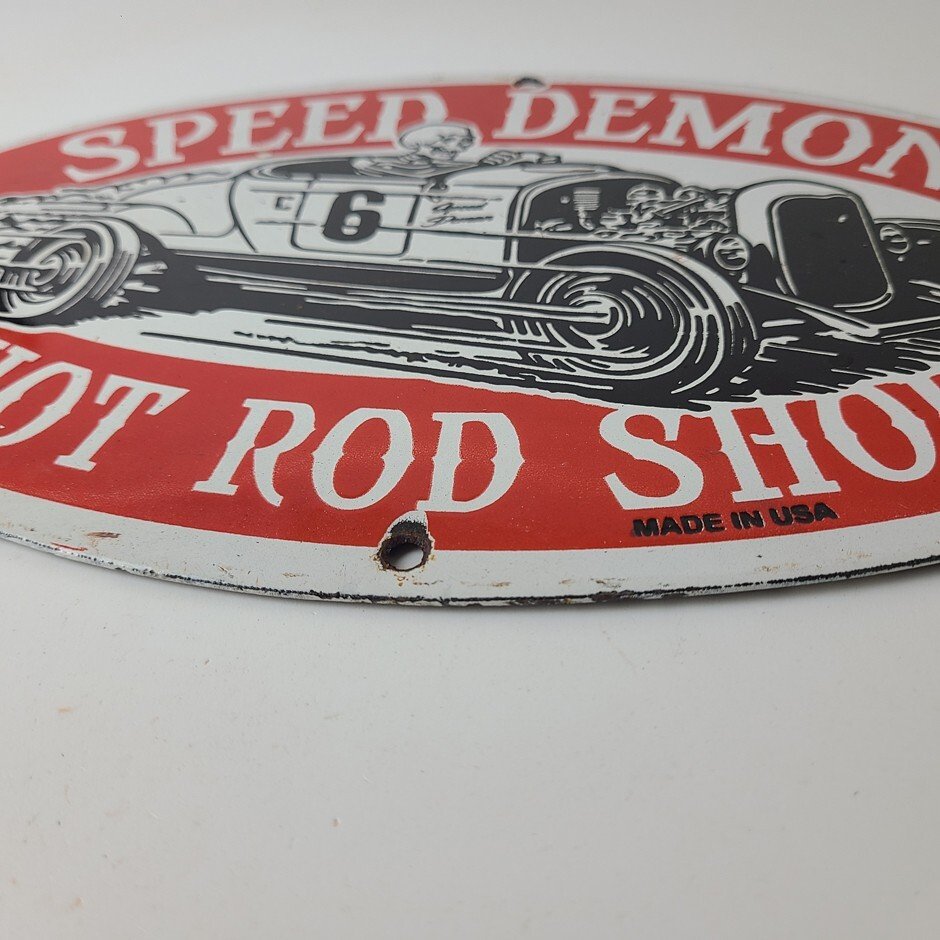 Vintage Hot Rod Shop Sign - Speed Demon Gasoline Service Pump Porcelain Sign - Image 11