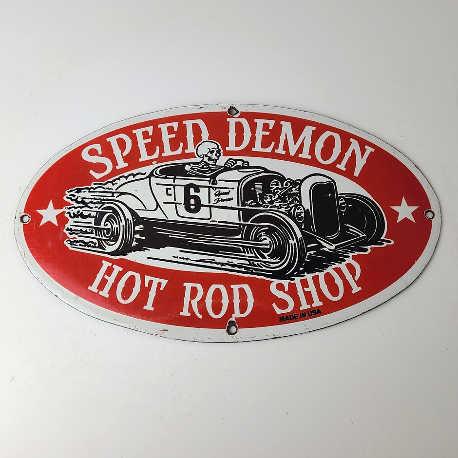 Vintage Hot Rod Shop Sign - Speed Demon Gasoline Service Pump Porcelain Sign - Image 12