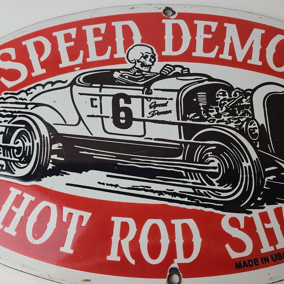 Vintage Hot Rod Shop Sign - Speed Demon Gasoline Service Pump Porcelain Sign - Image 3