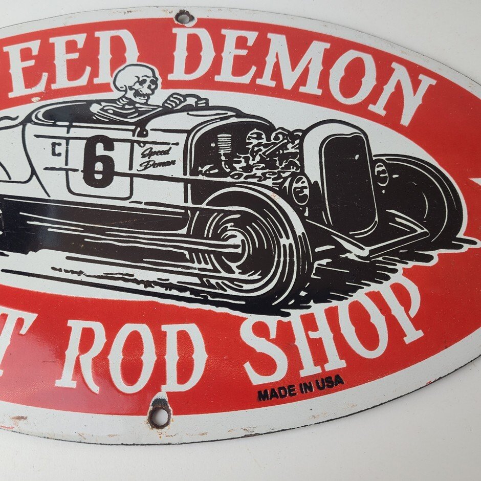 Vintage Hot Rod Shop Sign - Speed Demon Gasoline Service Pump Porcelain Sign - Image 4