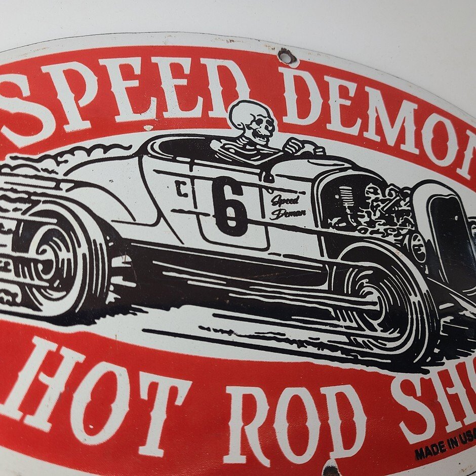 Vintage Hot Rod Shop Sign - Speed Demon Gasoline Service Pump Porcelain Sign - Image 5