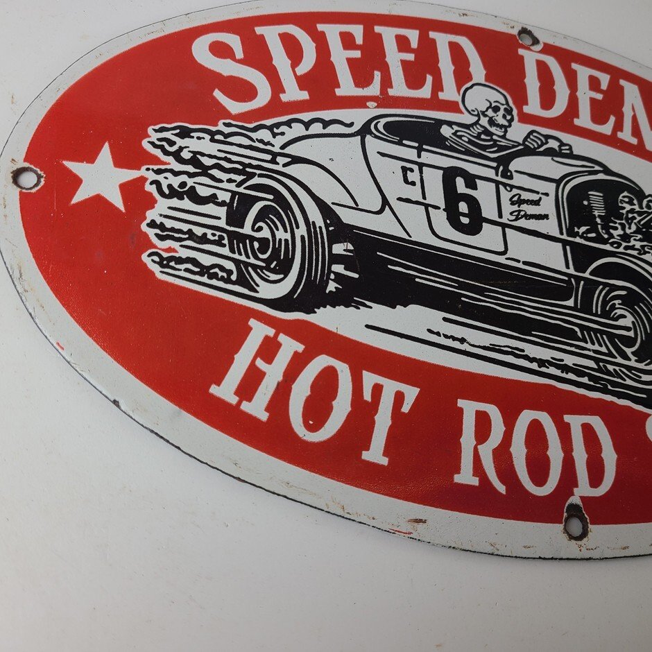 Vintage Hot Rod Shop Sign - Speed Demon Gasoline Service Pump Porcelain Sign - Image 6