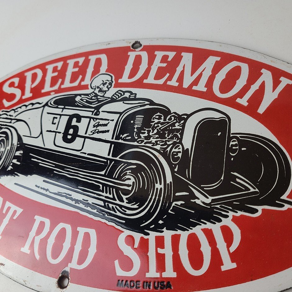 Vintage Hot Rod Shop Sign - Speed Demon Gasoline Service Pump Porcelain Sign - Image 8