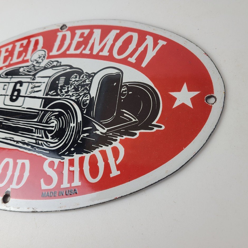 Vintage Hot Rod Shop Sign - Speed Demon Gasoline Service Pump Porcelain Sign - Image 9