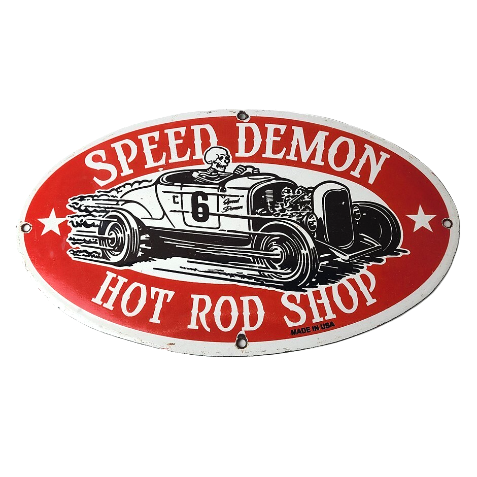 Vintage Hot Rod Shop Sign - Speed Demon Gasoline Service Pump Porcelain Sign