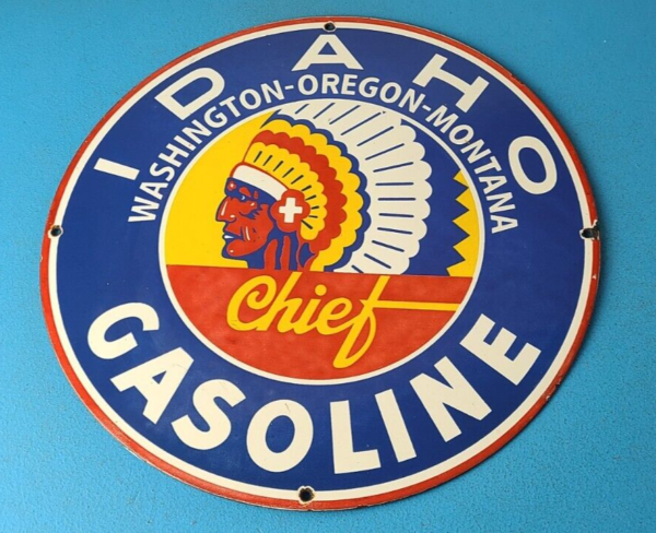 Vintage Idaho Gasoline Sign Indian Chief Gas Motor Oil Pump Porcelain Sign 305716508973