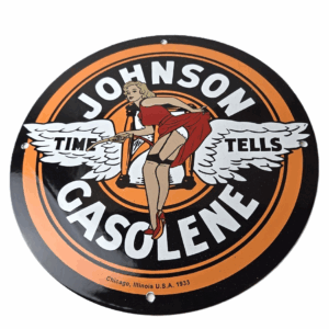 Vintage Johnson Gasoline Sign - Time Tells Gas Oil Pump Plate Porcelain Sign