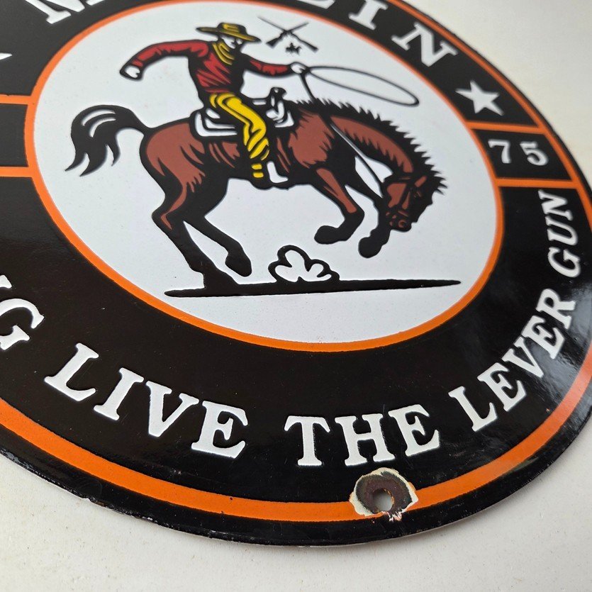 Vintage Marlin Long Gun Lever Action Porcelain Sign - Cowboy Lasso Sign - Image 11