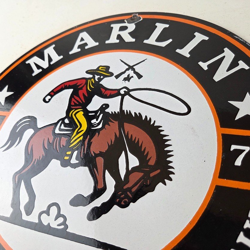 Vintage Marlin Long Gun Lever Action Porcelain Sign - Cowboy Lasso Sign - Image 12
