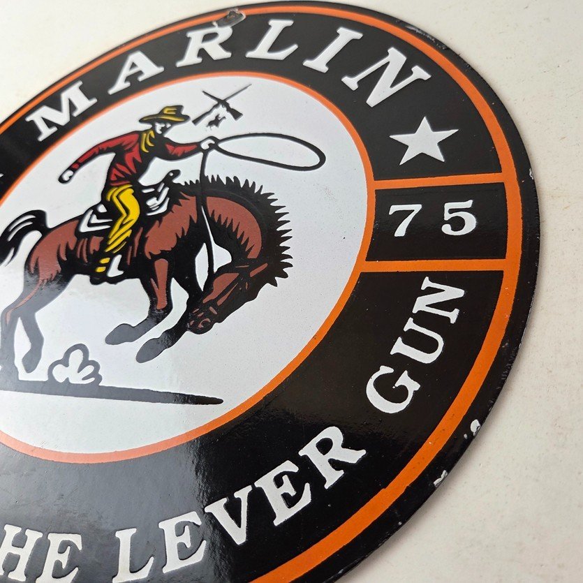 Vintage Marlin Long Gun Lever Action Porcelain Sign - Cowboy Lasso Sign - Image 13