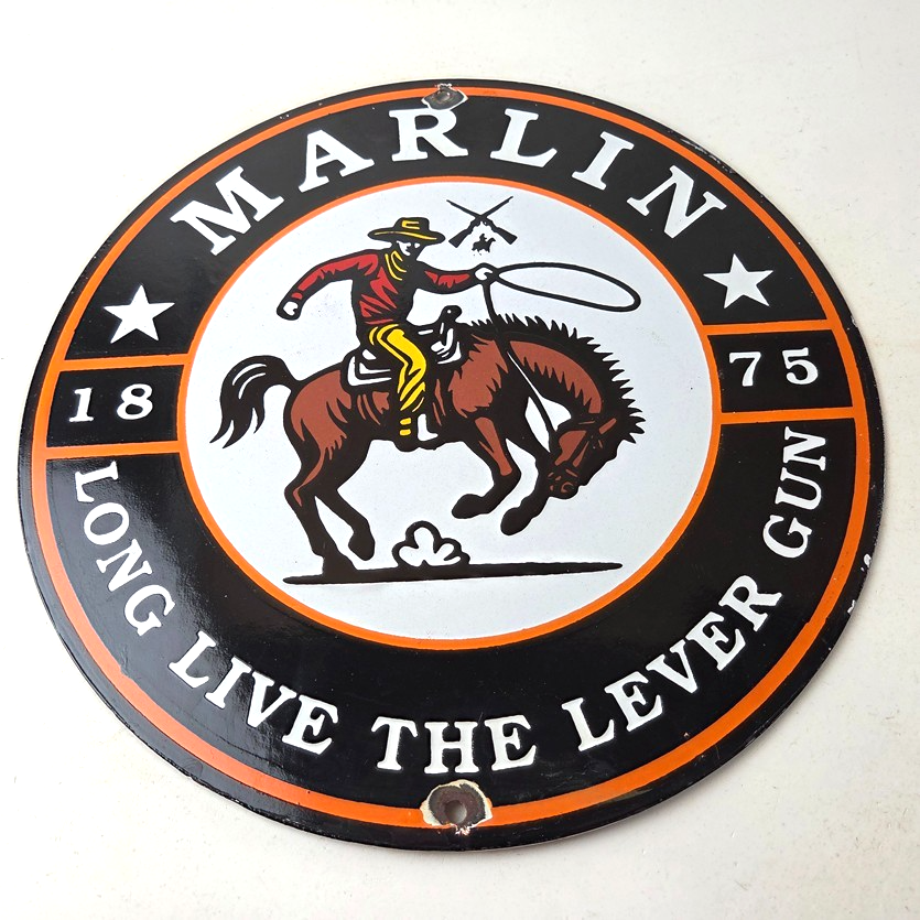 Vintage Marlin Long Gun Lever Action Porcelain Sign - Cowboy Lasso Sign - Image 15