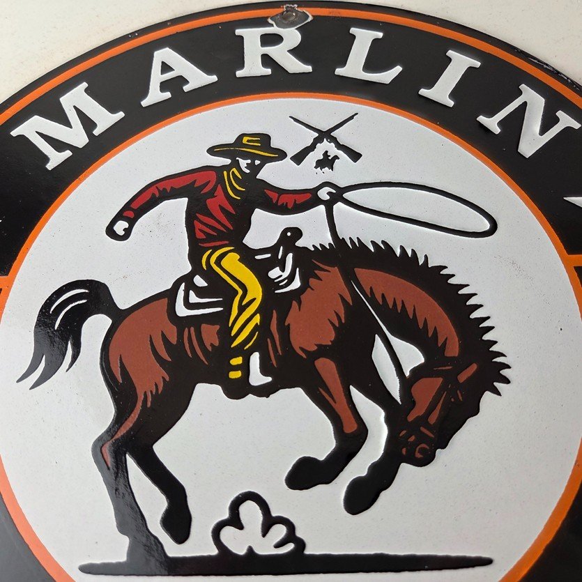 Vintage Marlin Long Gun Lever Action Porcelain Sign - Cowboy Lasso Sign - Image 3