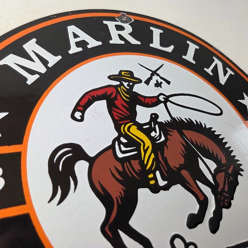 Vintage Marlin Long Gun Lever Action Porcelain Sign - Cowboy Lasso Sign - Image 5