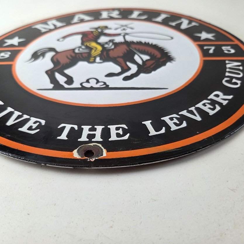 Vintage Marlin Long Gun Lever Action Porcelain Sign - Cowboy Lasso Sign - Image 10
