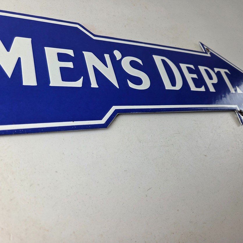 Vintage Men's Department Porcelain Sign - Directional Arrow Porcelain Pump Sign - Image 11