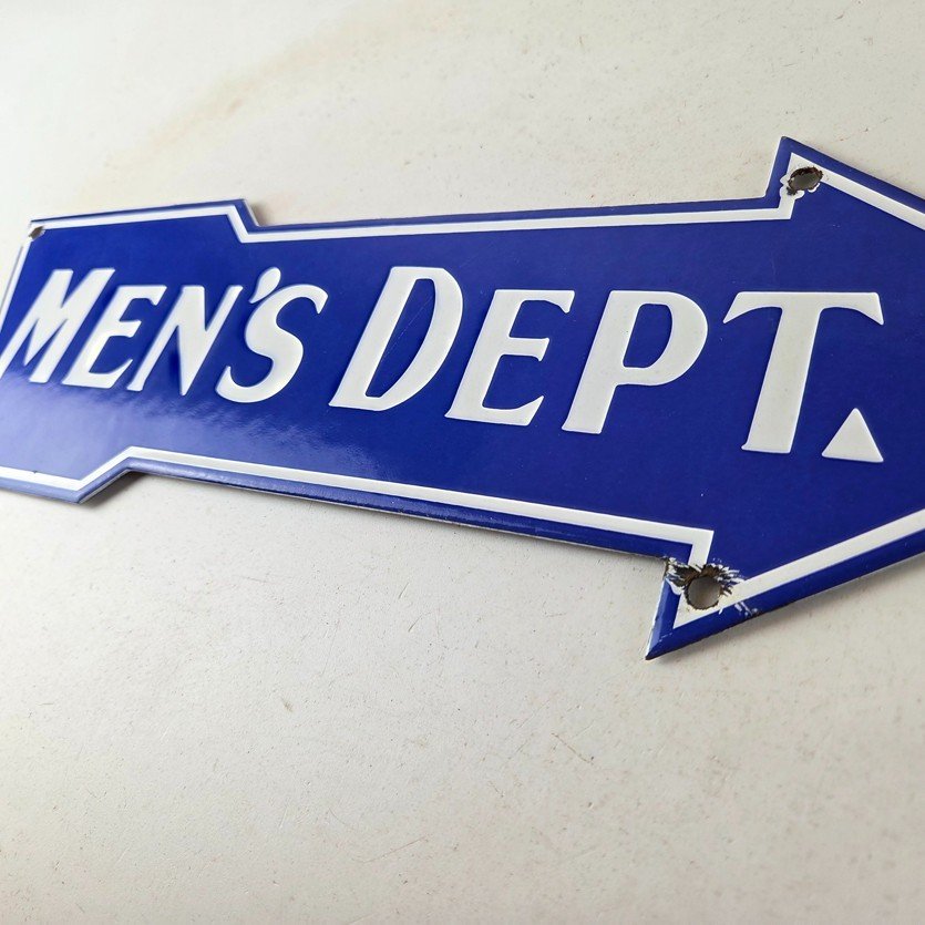 Vintage Men's Department Porcelain Sign - Directional Arrow Porcelain Pump Sign - Image 12